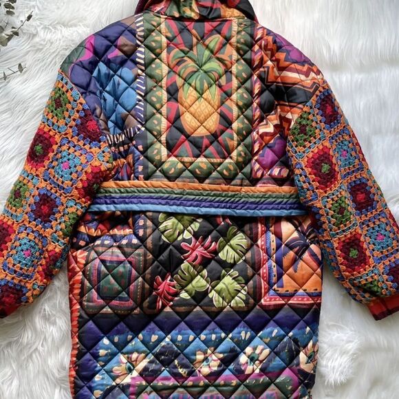 Farm Rio Patchwork Tapestry Crochet Puffer Coat Jacket Small NWOT MSRP $395 - Picture 3 of 10